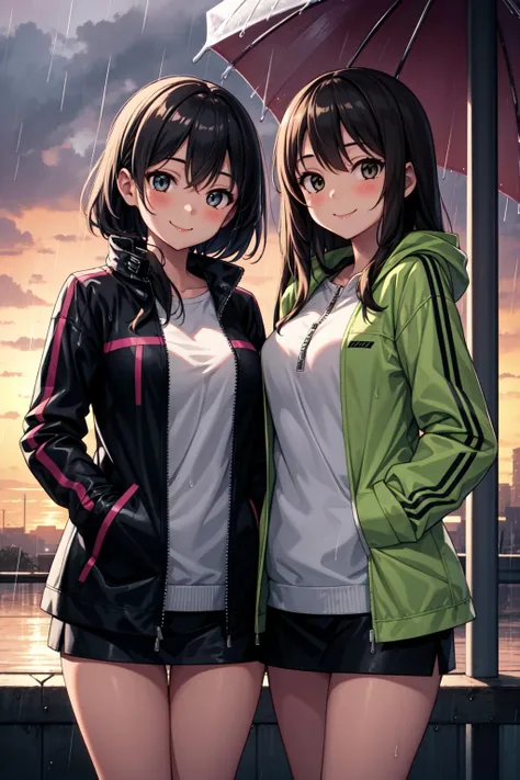 two anime girls standing under an umbrella in the rain