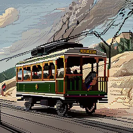 pixelart, a horse-drawn trolley car transporting passengers along a scenic route <hypernet:stipple-weave-1-0:1>