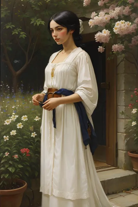 a portrait painting of a woman by EBLght, black hair, white dress, tunic, belt, flower oil painting, <lora:EB_Leighton_resize:0.8>