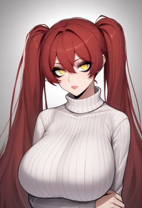 score_9, score_7_up, source_anime BREAK 1girl, solo, <lora:JdotKdot_PDXL-v1-10:1> red hair, twintails, very long hair, yellow eyes, huge breasts, turtleneck sweater, white sweater, ribbed sweater, eyeliner, eyelashes