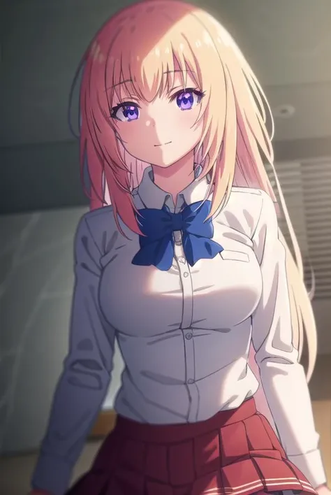 honamiichinose, <lora:honami ichinose s2-lora-nochekaiser:1>,
honami ichinose, long hair, blonde hair, (purple eyes:1.1), hair between eyes, smile,
BREAK skirt, bow, school uniform, pleated skirt, bowtie, blue bow, red skirt, collared shirt, white shirt, s...