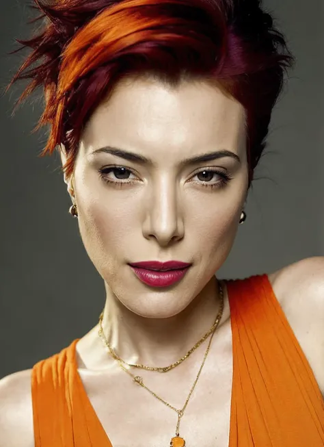 portrait of sks woman by Flora Borsi, style by Flora Borsi, bold, bright colours, orange Mohawk haircut, ((Flora Borsi)), <lora:locon_jaimemurray_v1_from_v1_64_32:1.3>