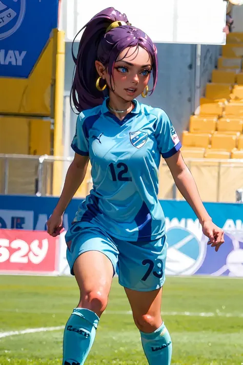 araffe in a blue uniform playing soccer on a field