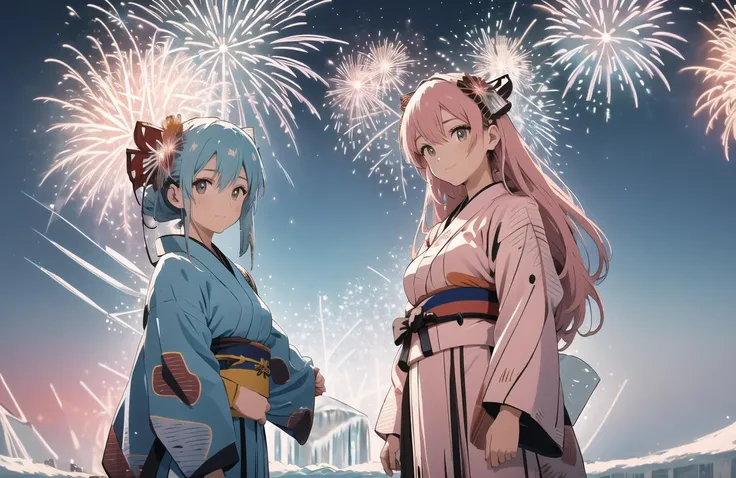 two anime girls in kimono costumes standing in front of fireworks