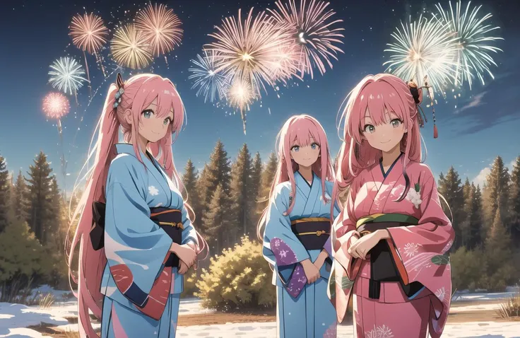 three girls in kimono kimono outfits standing in front of fireworks