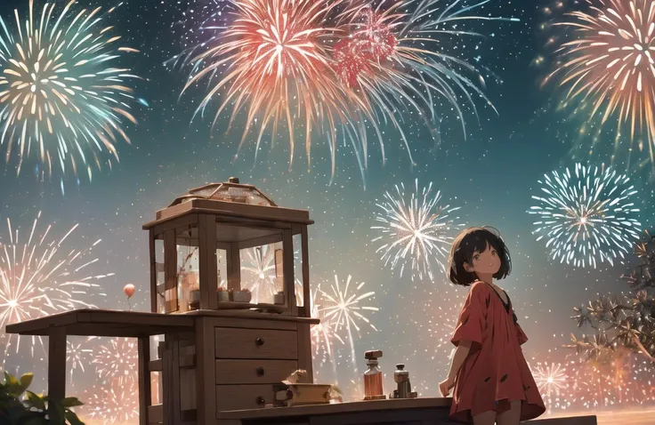 fireworks are lit up in the sky above a girl standing at a table