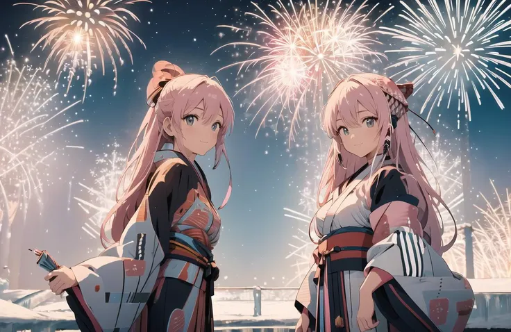 two anime girls standing in front of fireworks with their hands in their pockets