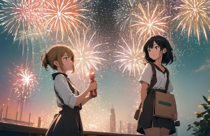 two girls in school uniforms holding fireworks sticks and looking at each other