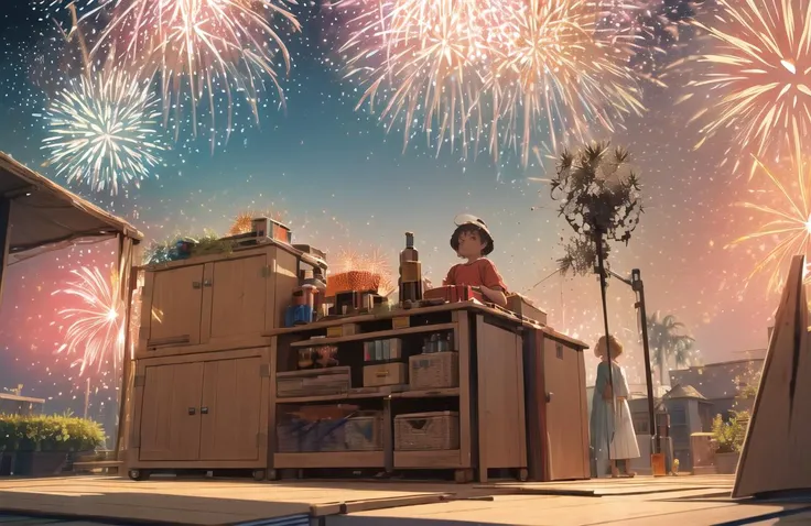 fireworks are in the sky above a kitchen with a woman standing at the counter