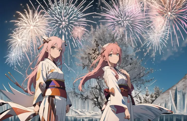 two anime girls in white dresses standing in front of fireworks