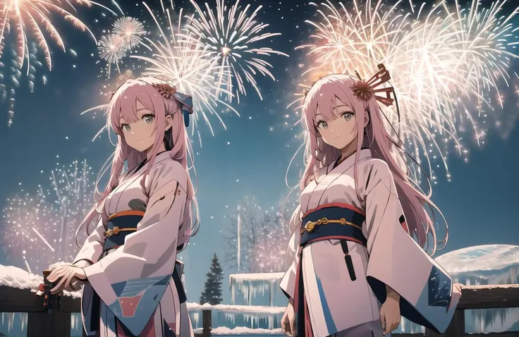 two anime girls in kimono kimono outfits standing in front of fireworks