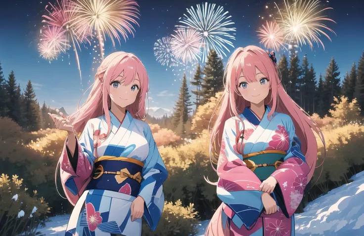 two anime girls in kimono outfits standing in front of fireworks