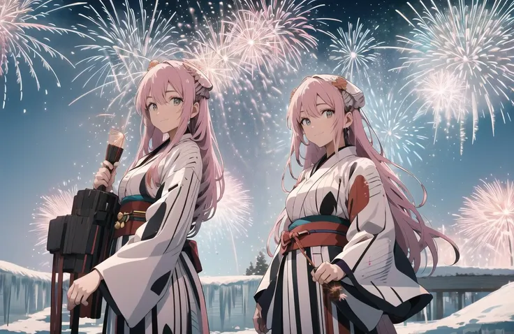 two anime girls in long dresses stand in front of fireworks