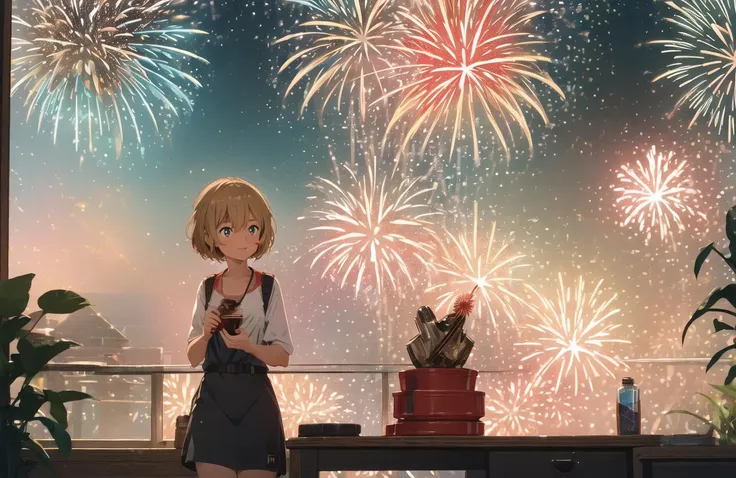 anime girl standing in front of a fireworks display with a cat