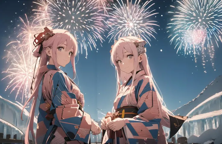 two anime girls in kimono outfits standing in front of fireworks