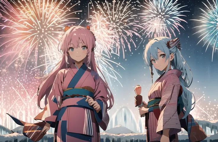 two anime girls in kimono costumes standing in front of fireworks