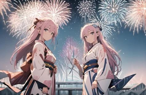 two anime girls in kimono costumes standing in front of fireworks