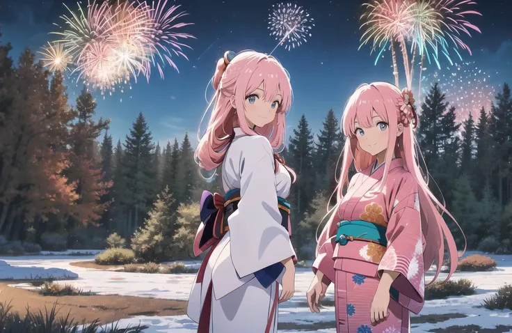 two anime girls in kimono outfits standing in front of a forest