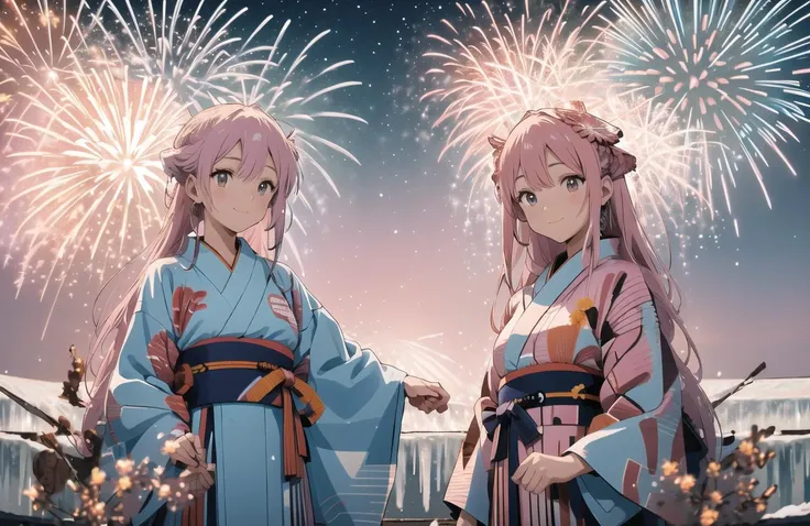 two anime girls in kimono costumes standing in front of fireworks