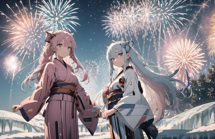 two anime girls in kimono outfits standing in front of fireworks