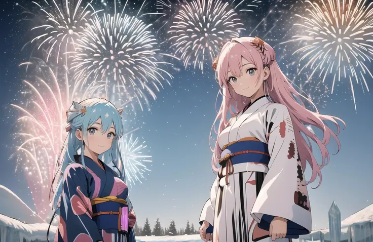 two anime girls in kimono outfits standing in front of fireworks