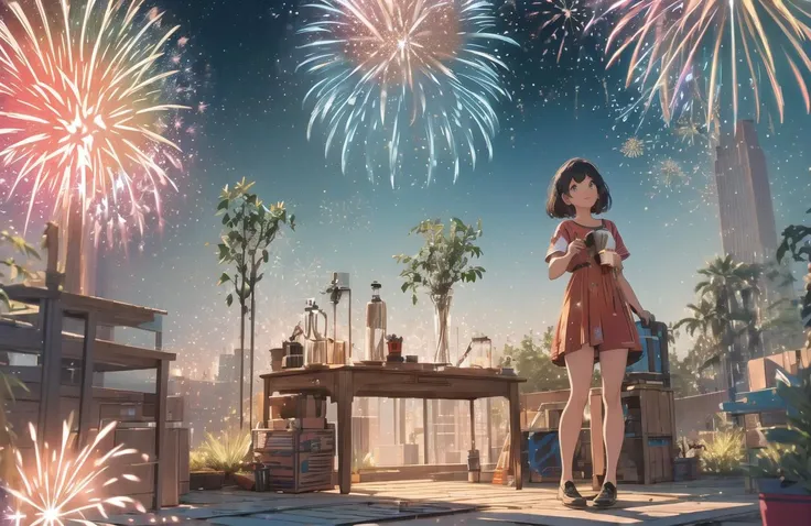 anime girl standing on a platform with fireworks in the background