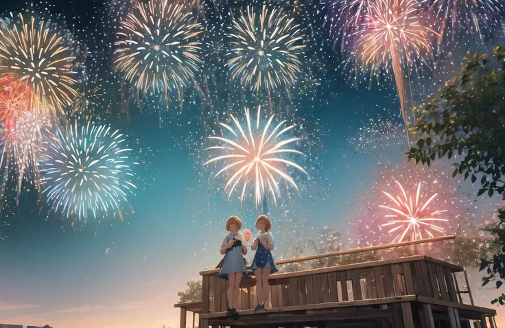 two children sitting on a wooden platform watching fireworks