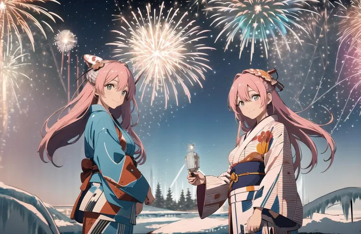 two anime girls standing in front of fireworks in the sky