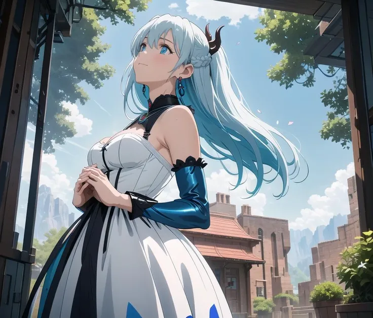 a woman in a blue dress sitting on the ground, a manga drawing by Nagasawa Rosetsu, trending on pixiv, remodernism, official art, booru, anime,(A hot girl looking up with her hands:1.8), sweat, juice, agony,(pull the bodice of ones clothes with ones finger...