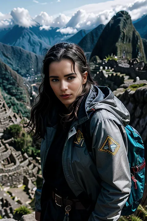 cinematic film still of beautiful (T34L30N1 woman:1.1),as an explorer,climbing along a rocky cliff on a mountain,with a jacket and backpack with hiking gear,long dark hair,lipstick,with (machu picchu in peru:1.3) in the distance,(close up view:1.1),cinemat...