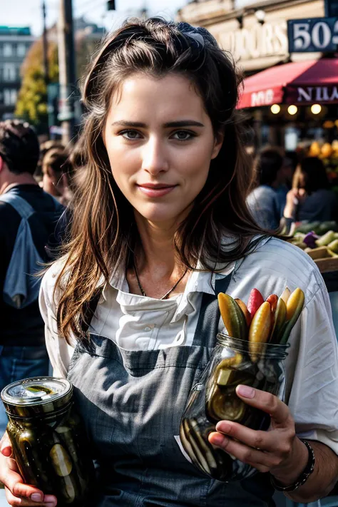 a professional photograph of beautiful (T34L30N1 woman:1.1),as a beautiful merchant,wearing a (pearl gray) (shopkeepers apron:1.2)over(black shirt:1.1),holding a (large jar of pickles:1.4),standing in front of a (produce stand:1.1),at a busy street market,...