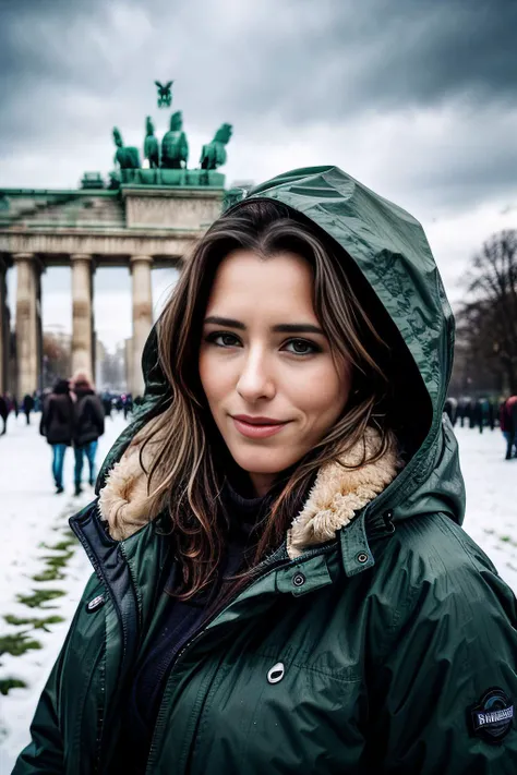 A Raw photograph of fit and thin (T34L30N1 woman:1.1) as a beautiful tourist in a dark green parka standing in the snow near the brandenburg gate in berlin,dark night,light flurries,taken with Nikon D850,Nikon AF-S 85mm f/1.4G lens,photo realistic,bokeh,IM...