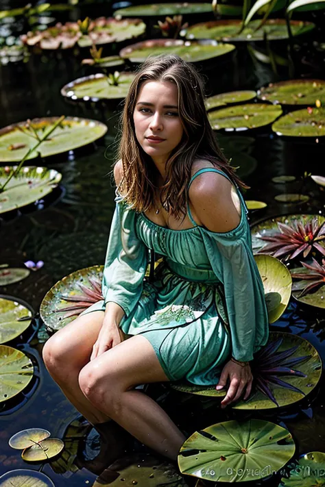 RAW photograph of beautiful (T34L30N1 woman:1.1) as a (forest fairy:1.2), (sitting on a lily pad:1.4),(close up),light,elemental,water magic,blue,water,magical,righteous,(outdoors),(dappled sunlight:0.7),reflective surface,wholesome,complimentary colors,pa...