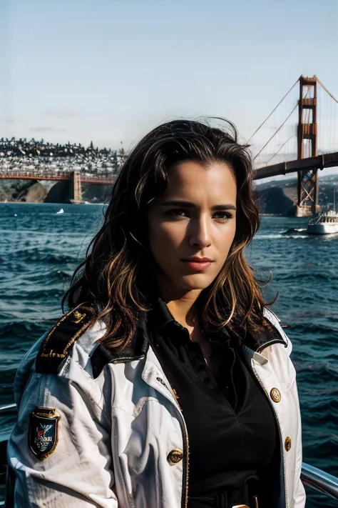 a professional photograph of beautiful (T34L30N1 woman:1.1),as a beautiful sail boat captain,wearing a black naval uniform with brass buttons,standing on the deck of large sailing ship,cruising in san francisco harbor,with golden gate bridge in background,...