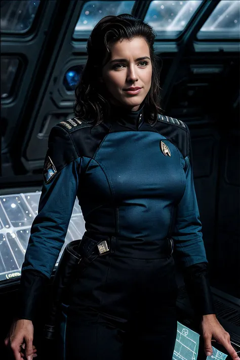 RAW photograph of beautiful of (T34L30N1 woman:1.1) as space captain,wearing blue (Star Trek NG uniform),standing on the command deck of battle cruiser spacecraft,smiling,dark hair in futuristic hairstyle,looking out into space at a nearby galaxy,posing,up...