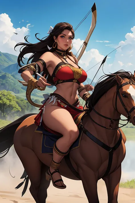 Embark on an epic journey with a stunning photo of an Amazonian female warrior on horseback. Riding through vast plains, she embodies the spirit of freedom and independence. With her bow and arrow, she is ever-ready to defend her land and people. The photo...