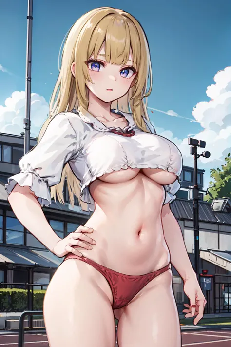 masterpiece, best quality, ultra-detailed, extremely detailed,illustration, 1girl, solo, blonde hair, blunt bangs, long hair, red thong buruma, white shirt, short sleeves, crop top, underboob, collarbone, navel, large breasts, thick thighs, standing, hand ...