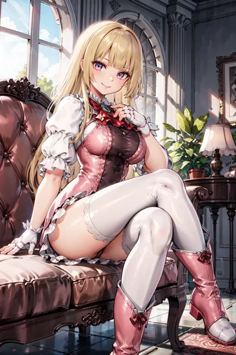 masterpiece, best quality, ultra-detailed, extremely detailed,illustration, 1girl, solo, blonde hair, blunt bangs, pink thighhighs, boots, large breasts, thick thighs, crossed legs, looking at viewer, smile, sitting, couch, indoors, cowboy shot,  <lora:lil...