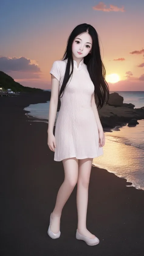 duckrita 1girl solo beautiful face realistic long hair black hair brown eyes full body <lora:DuckRita:0.5> <lora:Special clothes30:0.8> BREAK beach sunset