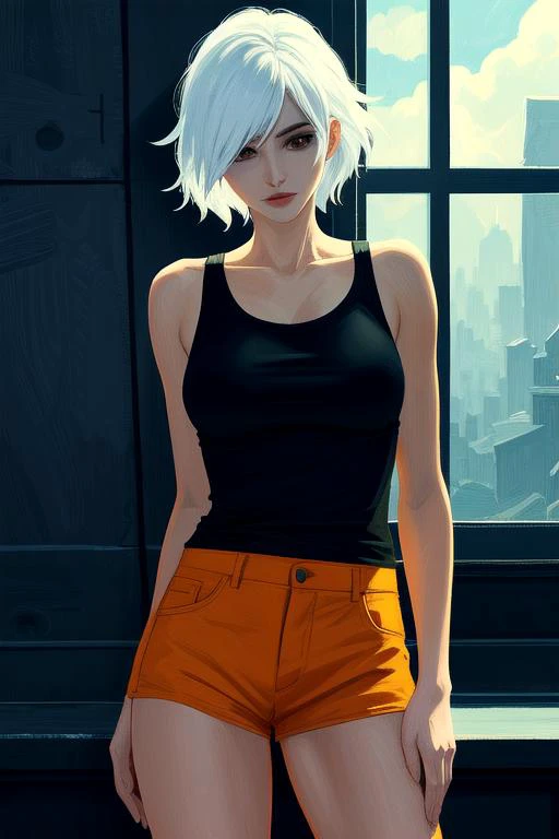 <lora:LCM_LoRA_Weights_acceleration_module_SD15:0.8>
vivid colors, sharp contrast, dramatic light, beautiful, masterpiece, best quality, extremely detailed face, perfect lighting, 1girl, solo, very short hair, white hair BREAK shorts, short shorts, orange ...