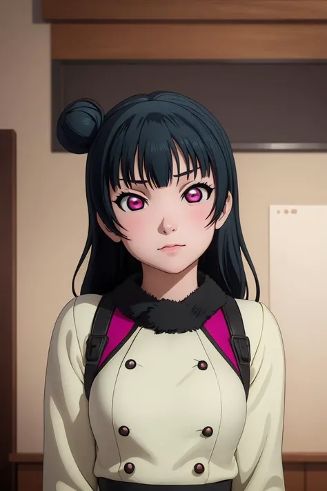 anime girl with black hair and pink eyes in a white coat