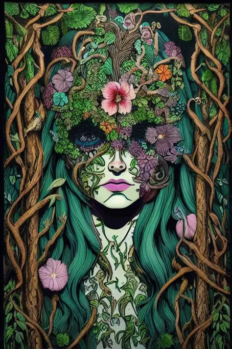 1girl in a mythical forest, masterpiece, perfect face, intricate details, halloween theme, flowerman