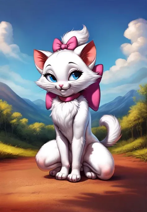 a white cat with a pink bow sitting on a dirt road