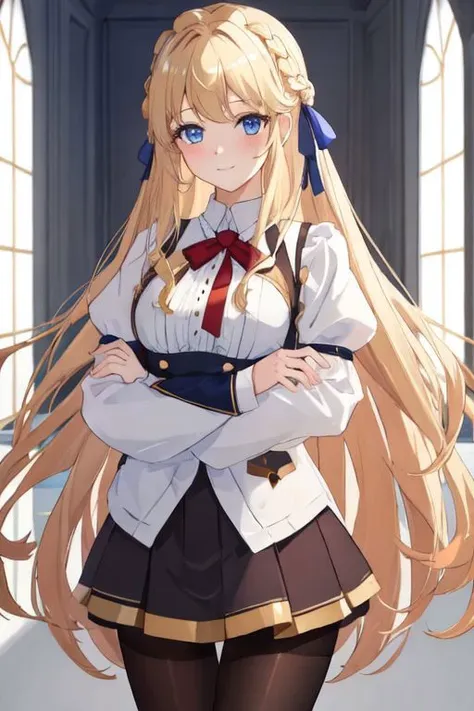 a woman with long blonde hair and a white shirt and black skirt