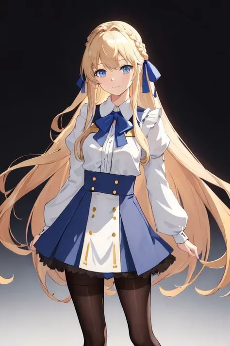 a woman in a uniform with long blonde hair and blue eyes