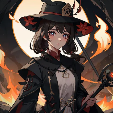 a woman in a witch hat holding a sword and a staff