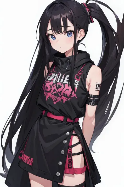 a woman with long black hair and a black outfit