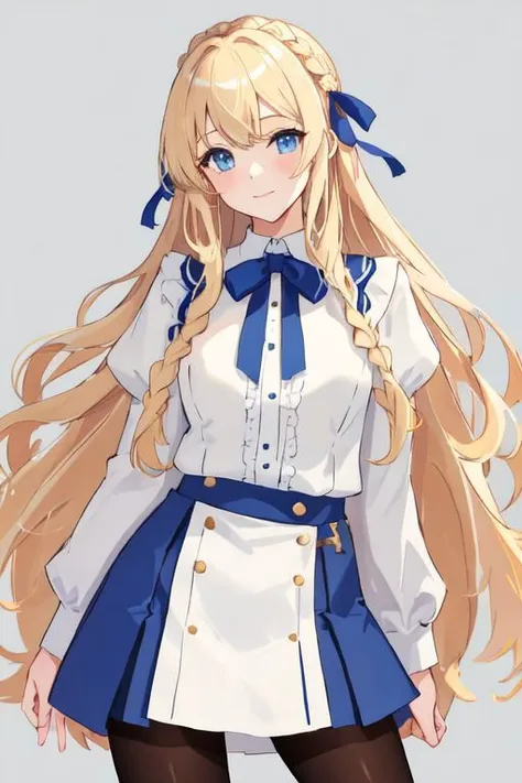 a woman with long blonde hair wearing a white shirt and blue skirt