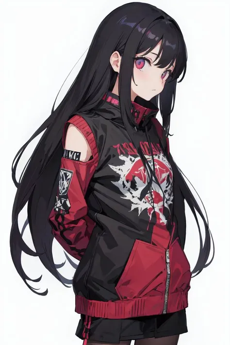 a woman with long black hair wearing a red jacket and black shorts