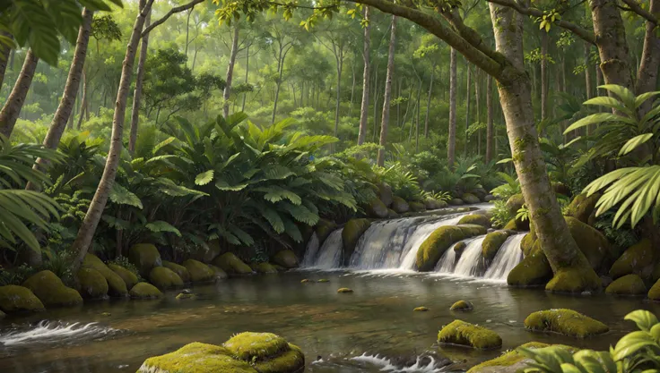 ((masterpiece:1.4,best quality)),
tropical jungle, high trees, creek, tree shade,
high detail, abundant, 8k, high detail, wallpaper,
<lora:more_details:0.2>